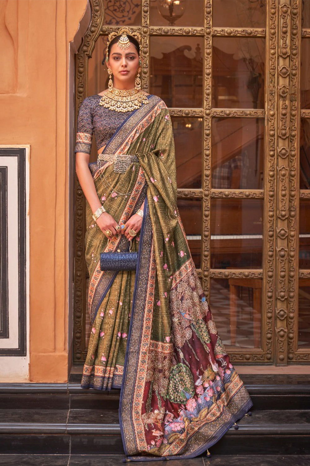 Mehndi Green Raw Silk Saree with Floral Motifs - Mayrake.in