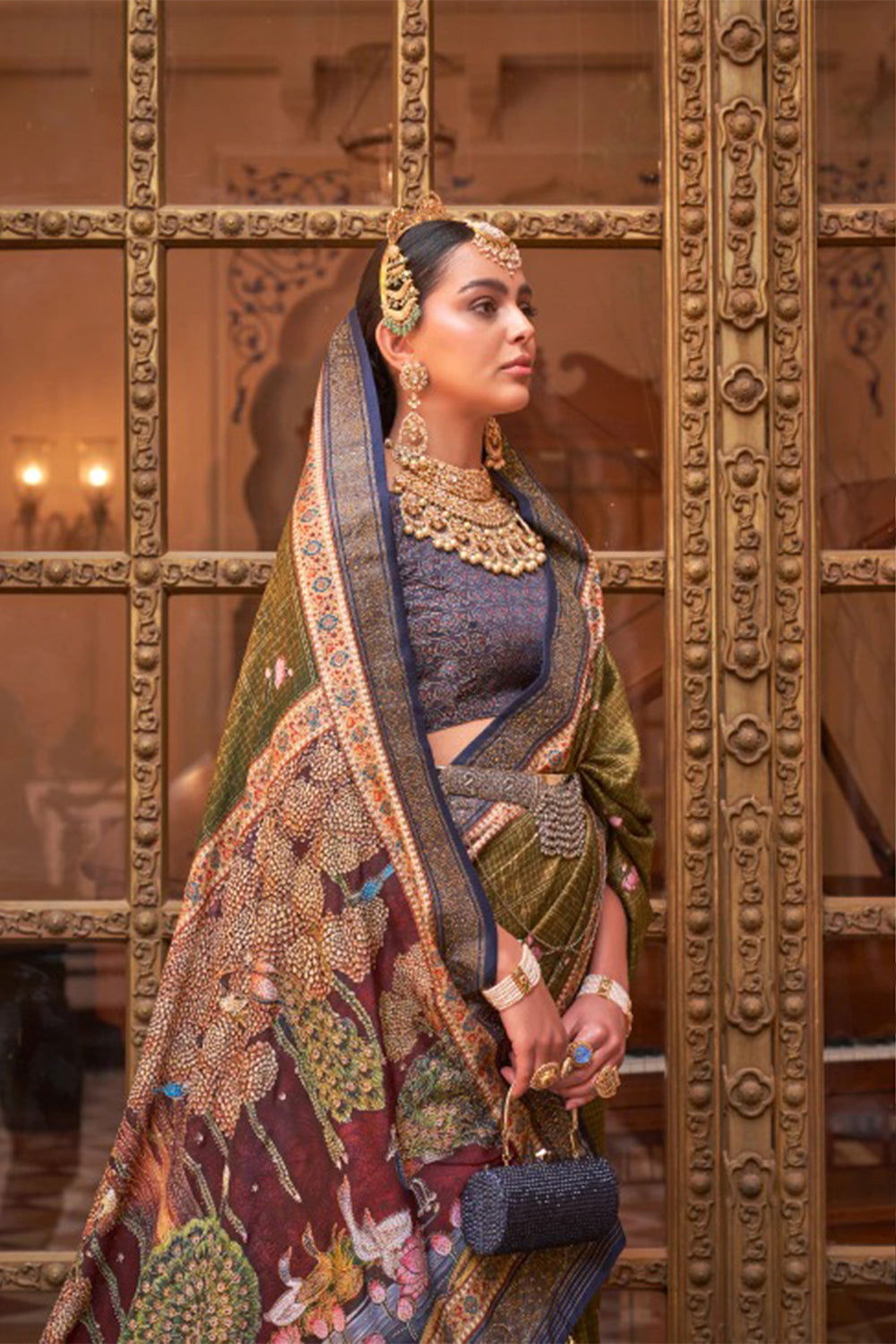 Mehndi Green Raw Silk Saree with Floral Motifs - Mayrake.in