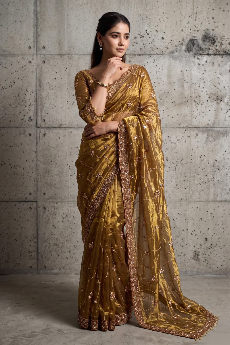 Metalic golden Organza Saree with Hand Embroidery with Stitched Blouse