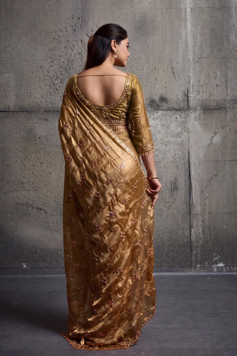 Metalic golden Organza Saree with Hand Embroidery with Stitched Blouse