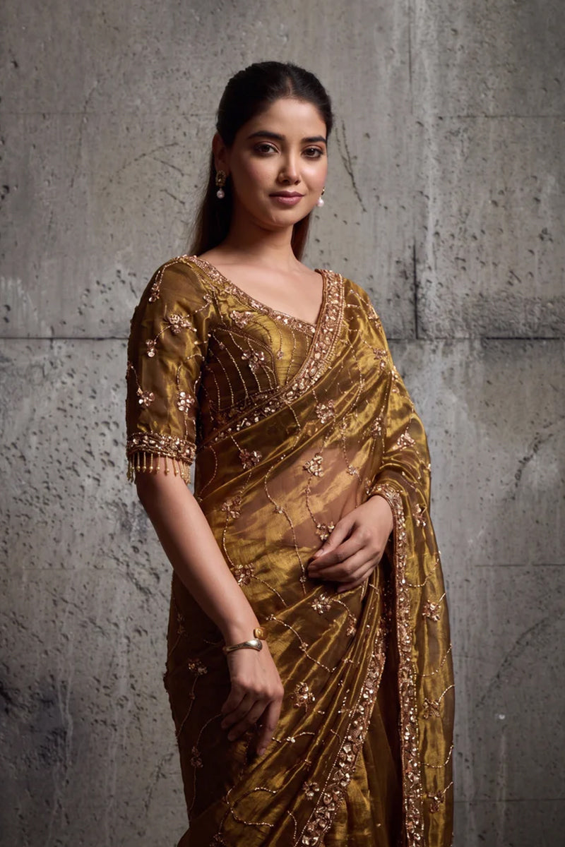 Metalic golden Organza Saree with Hand Embroidery with Stitched Blouse