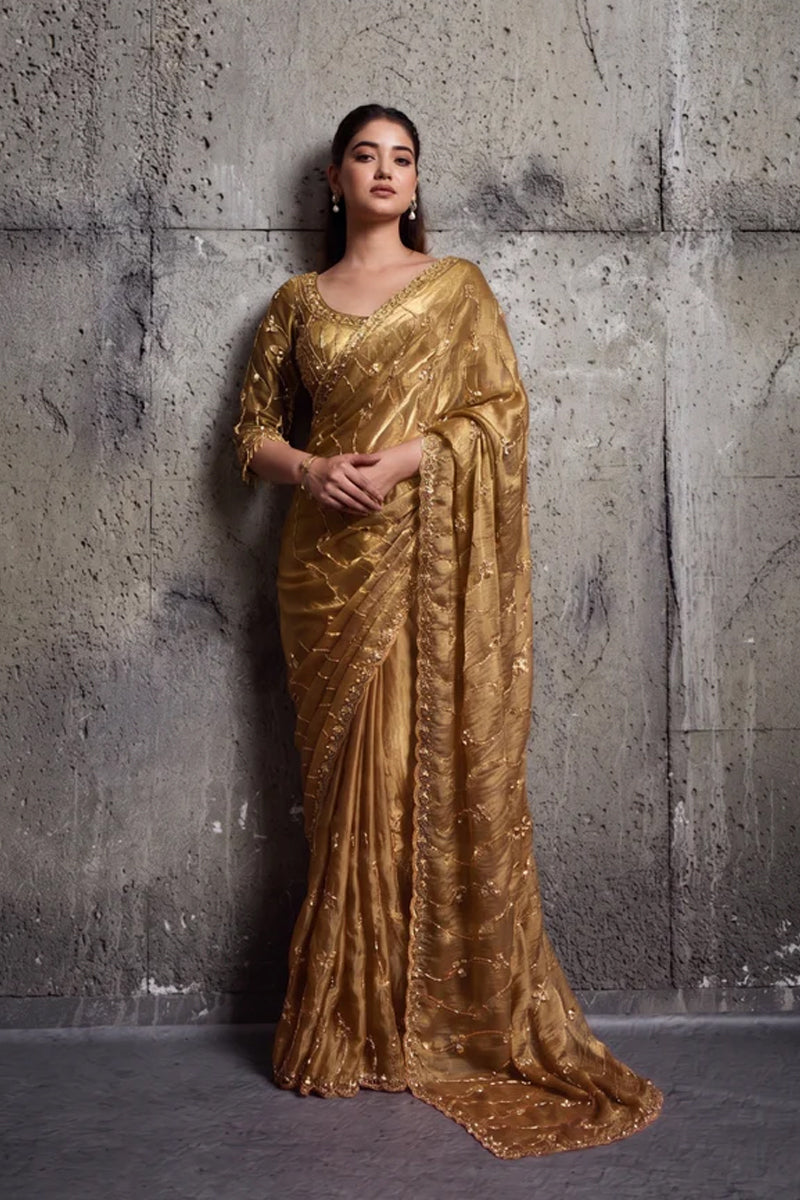 Metalic golden Organza Saree with Hand Embroidery with Stitched Blouse