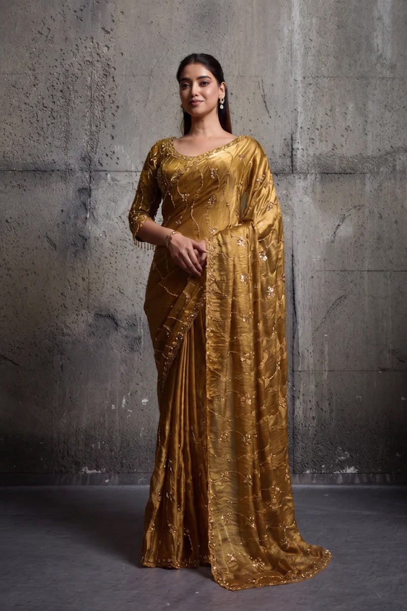 Metalic golden Organza Saree with Hand Embroidery with Stitched Blouse
