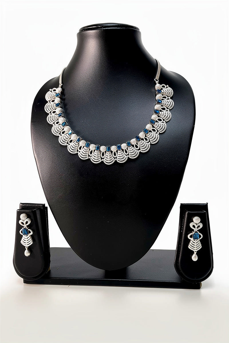 Midnight Blue Square-Cut Stone Necklace Set with Layered Diamond Fan Motif