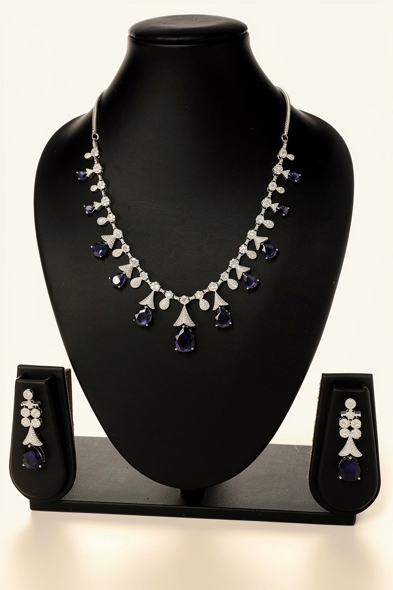Midnight Blue Teardrop Stone Necklace Set with Floral Diamond-Studded Detailing