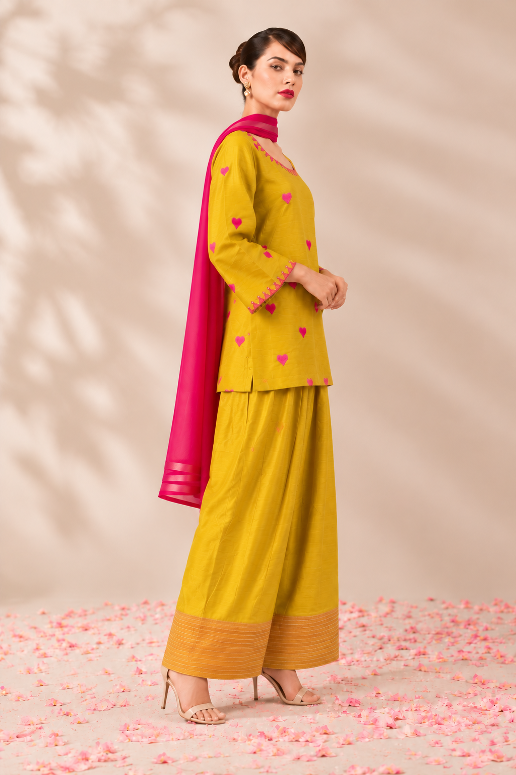 Mustard Yellow Cotton Farsi Kurta Pant Set with Pink Heart Embroidery