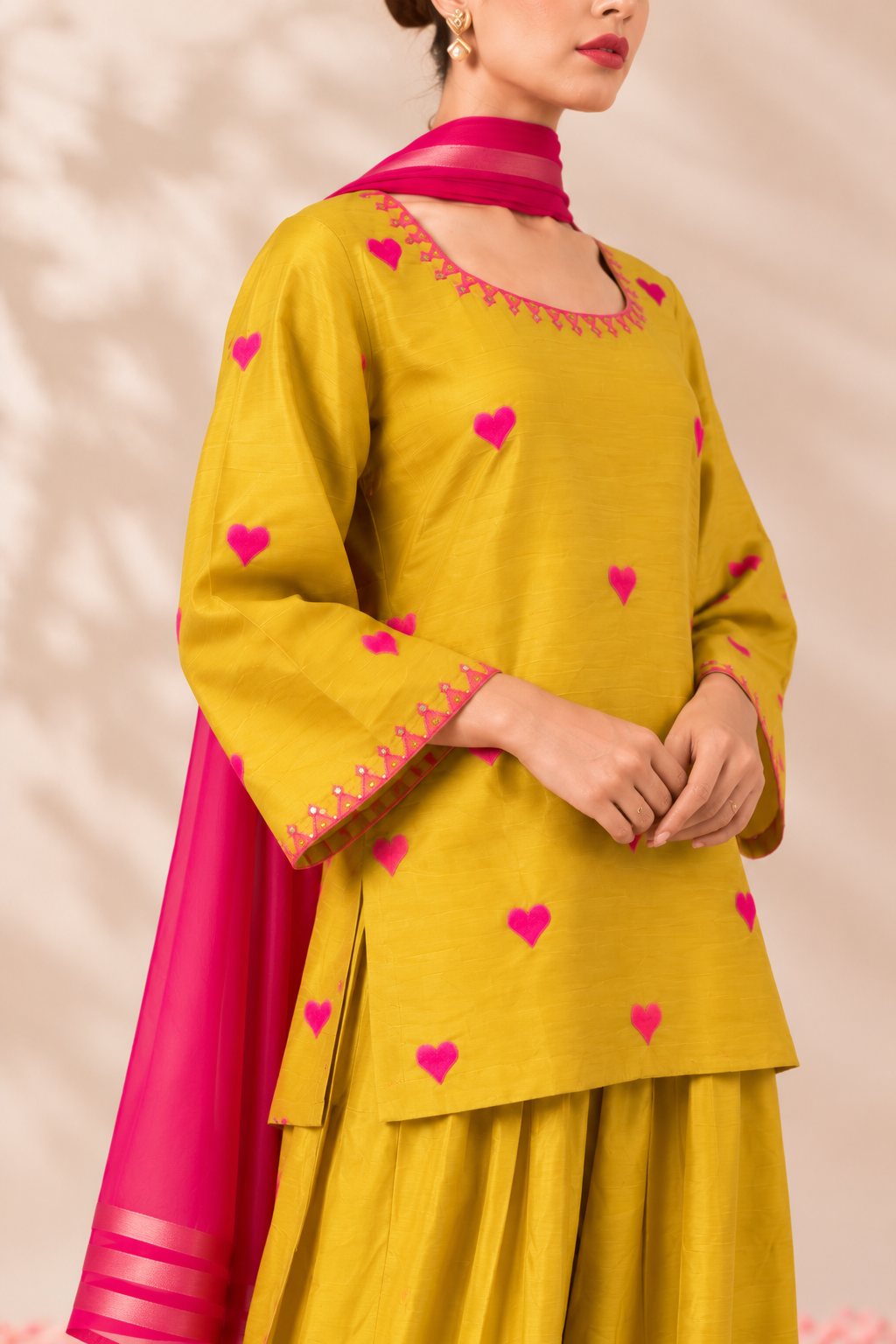 Mustard Yellow Cotton Farsi Kurta Pant Set with Pink Heart Embroidery
