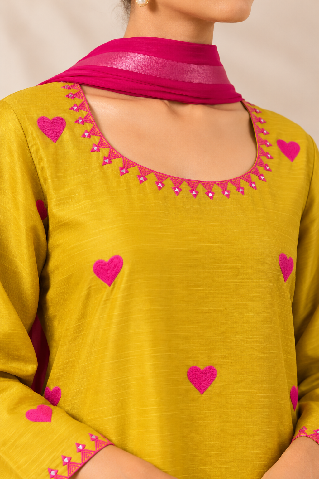 Mustard Yellow Cotton Farsi Kurta Pant Set with Pink Heart Embroidery