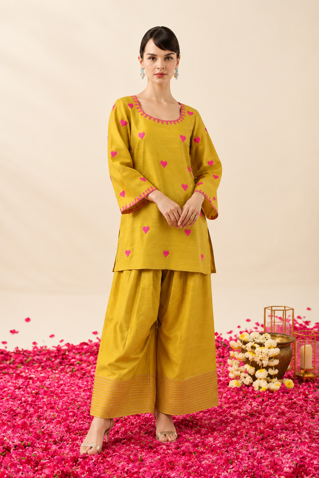 Mustard Yellow Cotton Farsi Kurta Pant Set with Pink Heart Embroidery