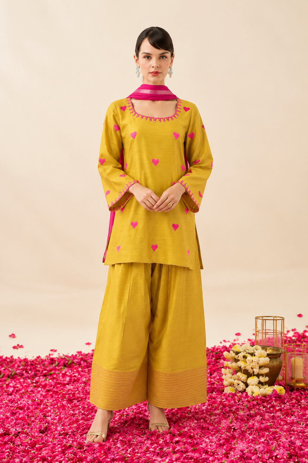 Mustard Yellow Cotton Farsi Kurta Pant Set with Pink Heart Embroidery