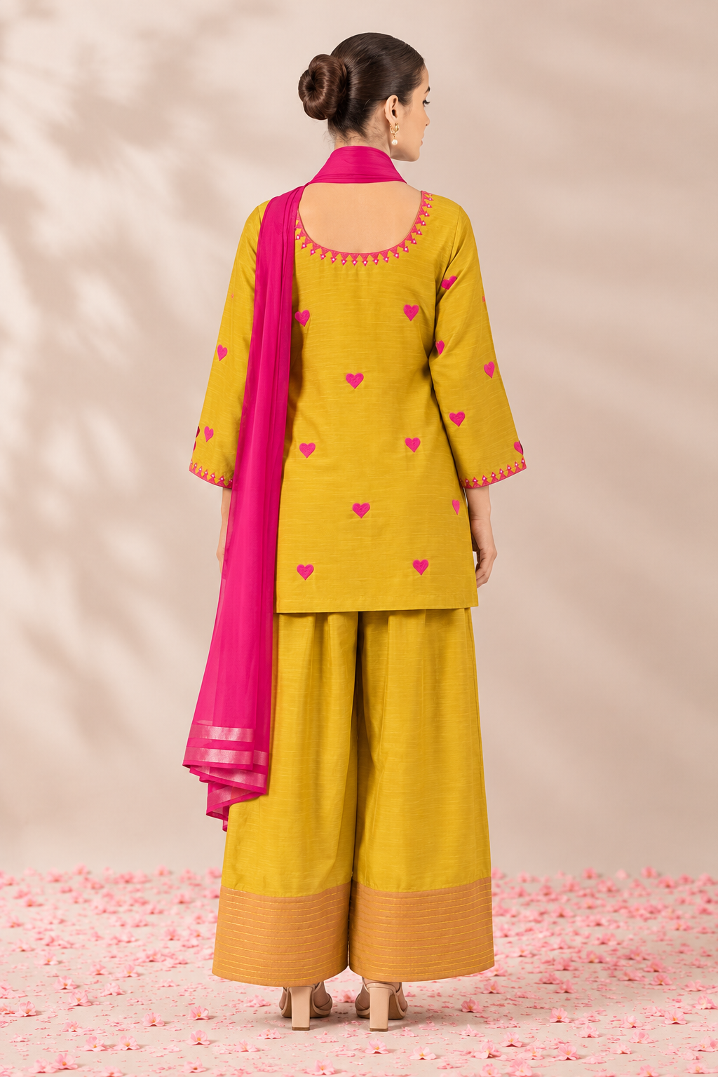 Mustard Yellow Cotton Farsi Kurta Pant Set with Pink Heart Embroidery