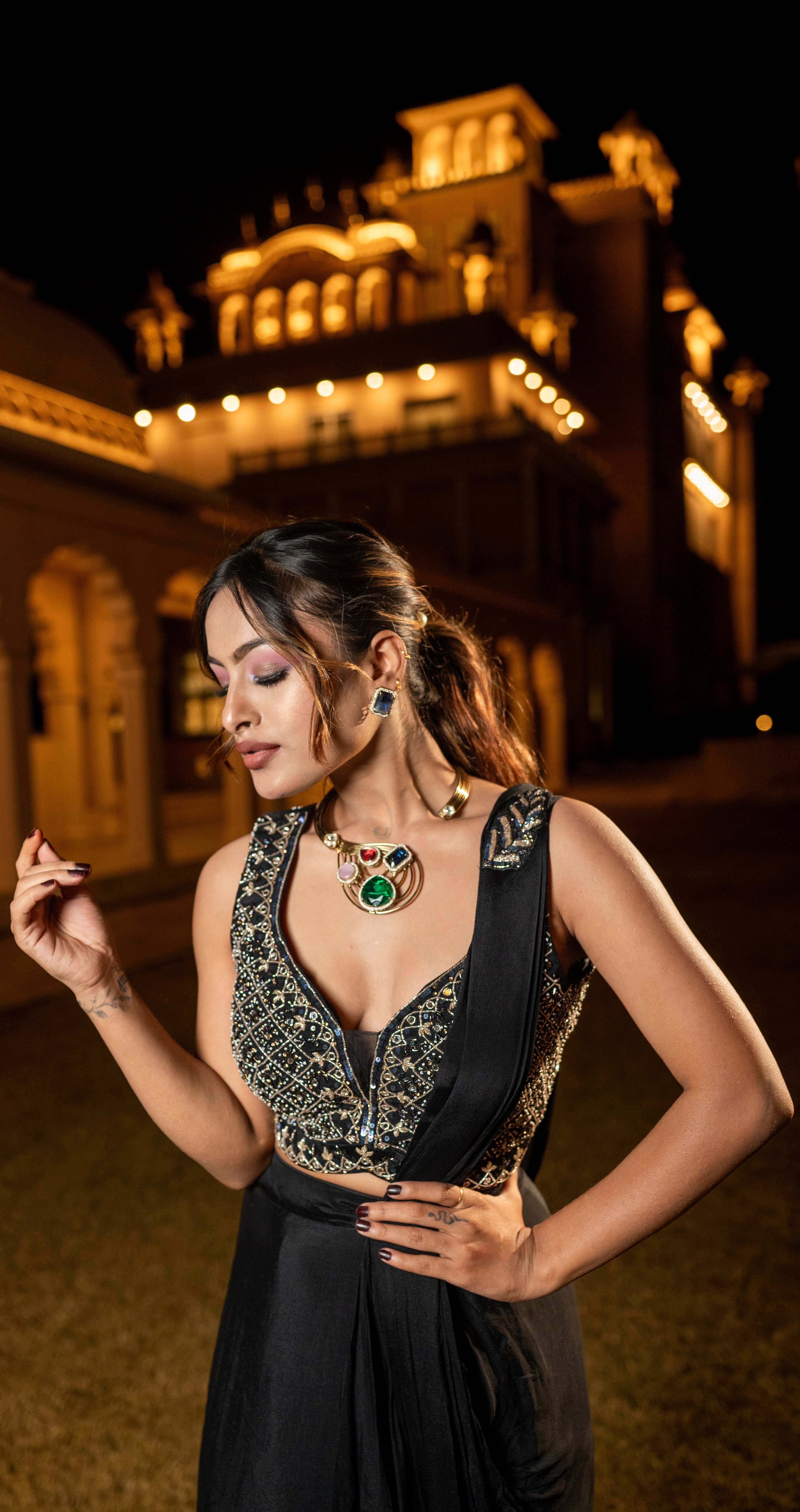 Black Crepe Chiffon Ready-to-Wear Saree with Embroidered Blouse