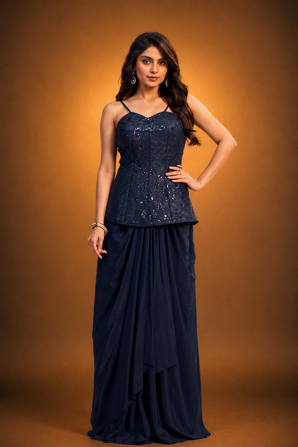 Navy Blue Crepe Silk Ready-to-Wear Drape Saree with Hand-Embroidered Sequin Corset Top