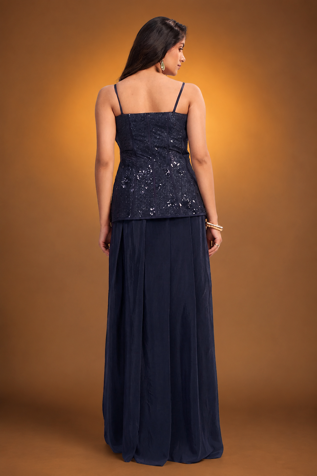 Navy Blue Crepe Silk Ready-to-Wear Drape Saree with Hand-Embroidered Sequin Corset Top