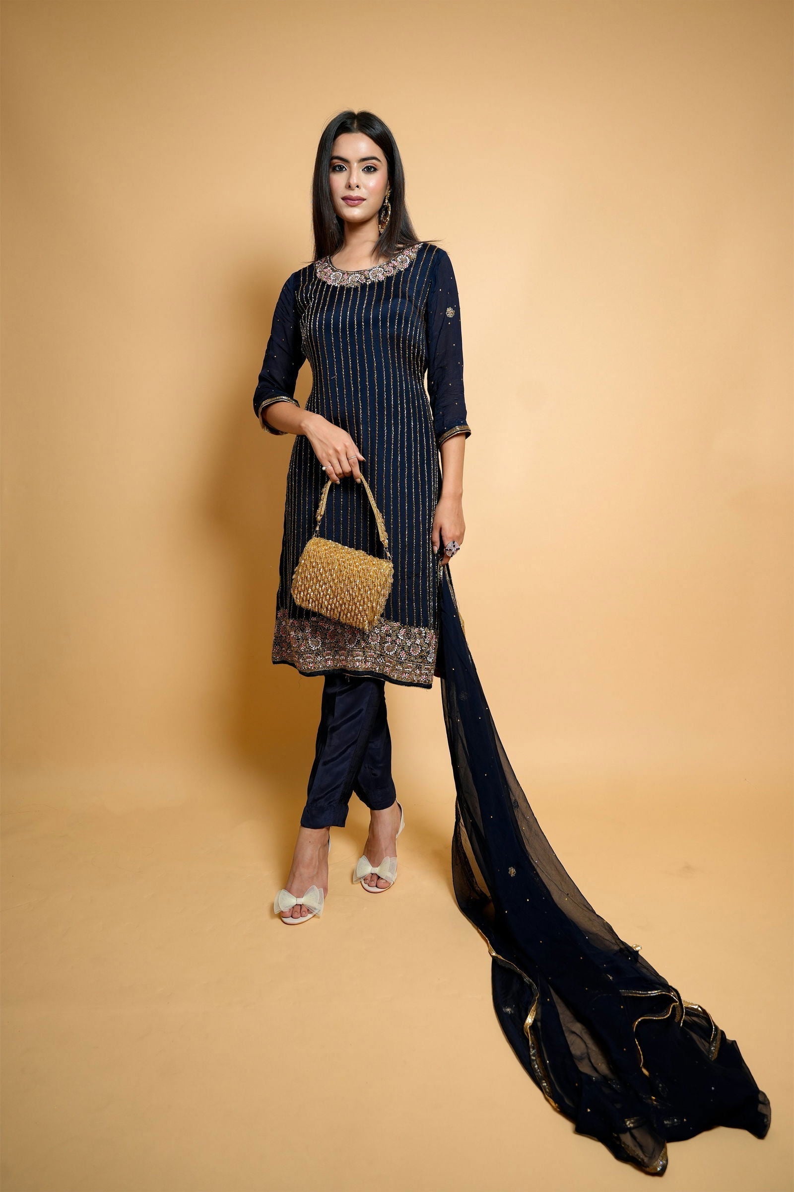 Navy Blue Organza Hand-Embroidered Suit - Mayrake.in