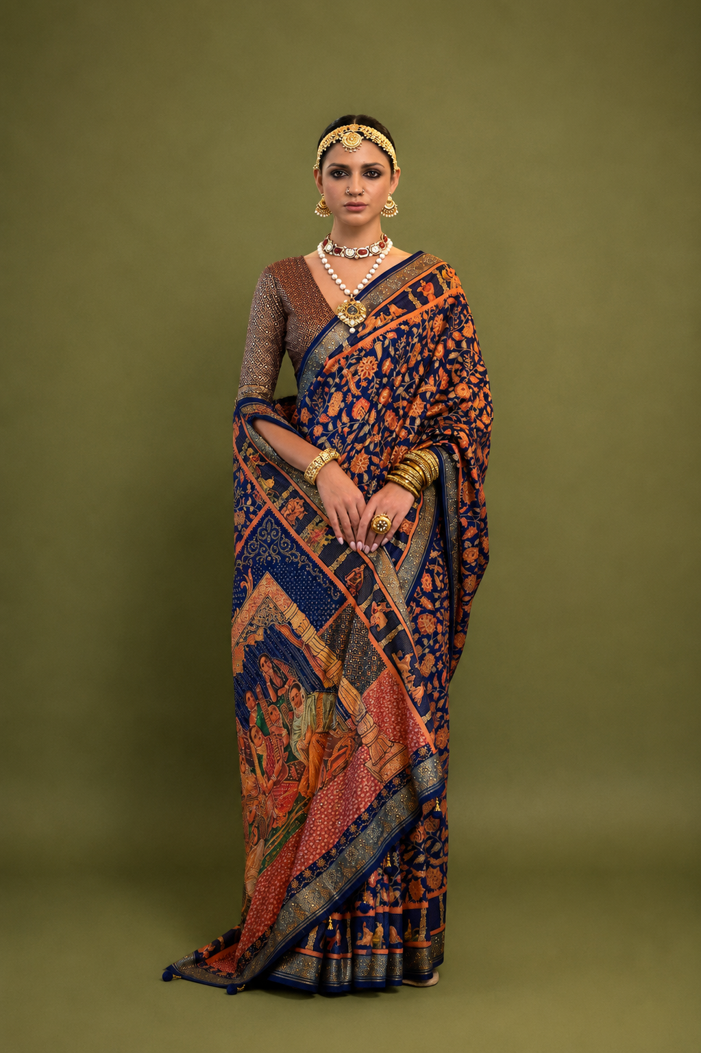 Dark Blue Raw Silk Saree with Ethnic Heritage Prints