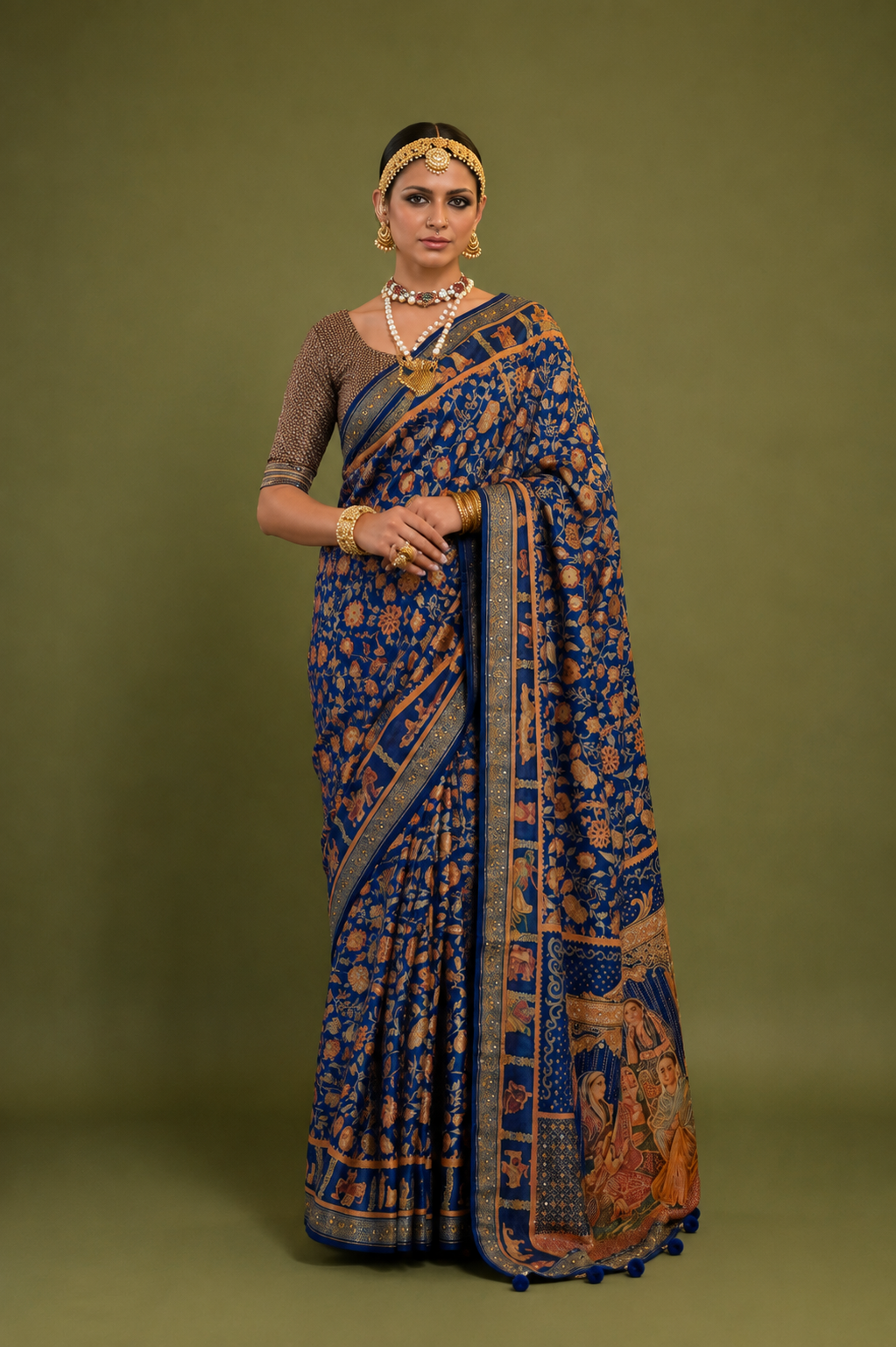 Dark Blue Raw Silk Saree with Ethnic Heritage Prints
