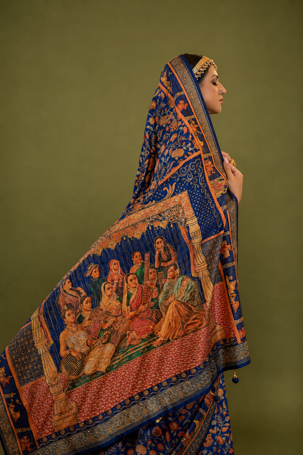 Dark Blue Raw Silk Saree with Ethnic Heritage Prints