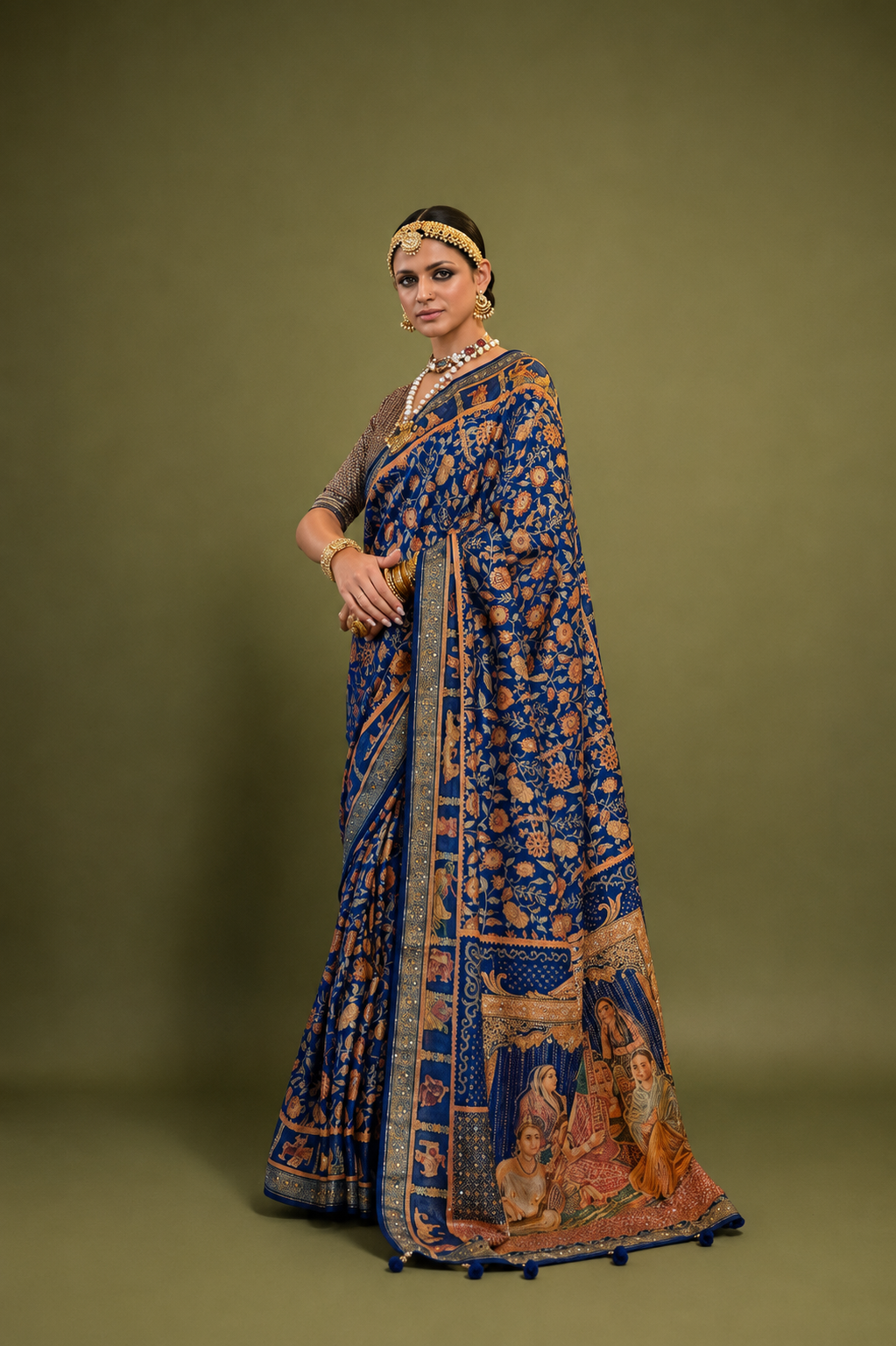 Dark Blue Raw Silk Saree with Ethnic Heritage Prints