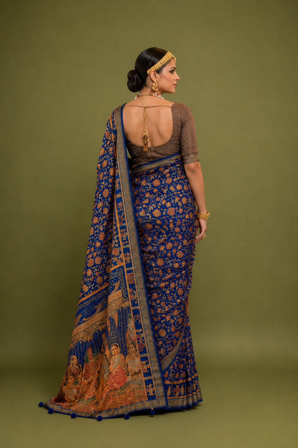 Dark Blue Raw Silk Saree with Ethnic Heritage Prints