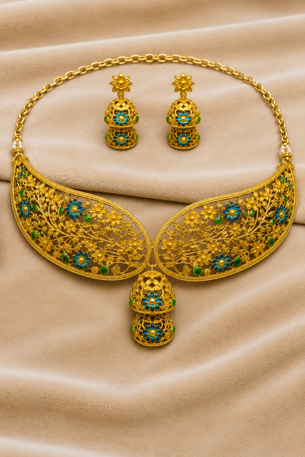 Gold-Tone Traditional Floral Filigree Choker Necklace Set with Blue Meenakari