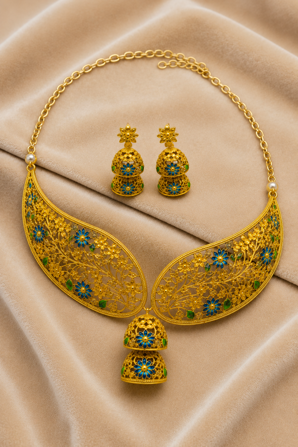 Gold-Tone Traditional Floral Filigree Choker Necklace Set with Blue Meenakari