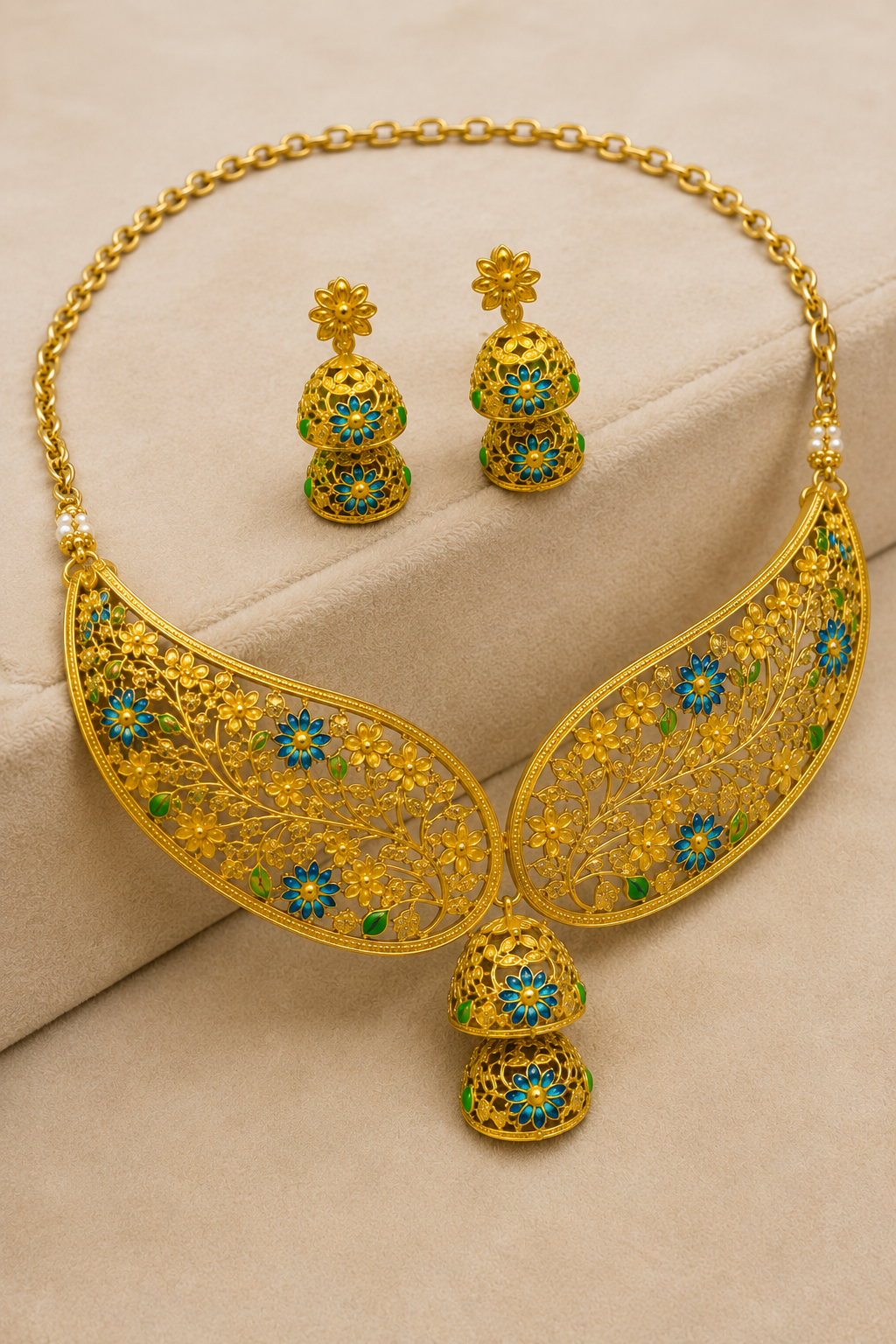 Gold-Tone Traditional Floral Filigree Choker Necklace Set with Blue Meenakari