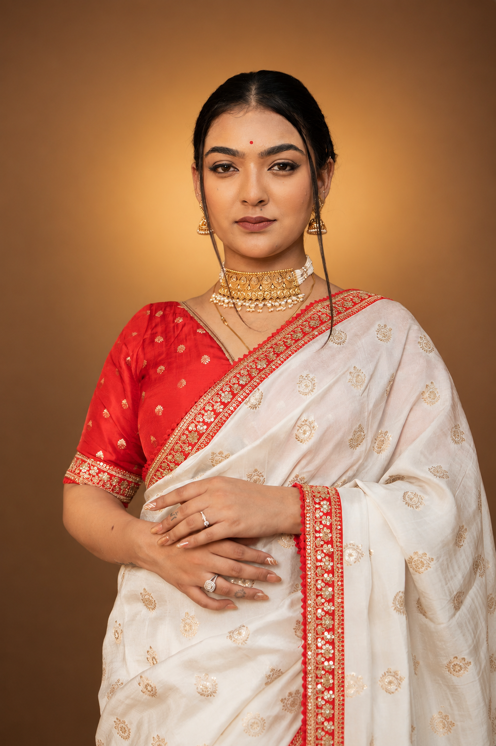 Cream Silk Saree with Golden Buti Work and Rich Red Zari Border
