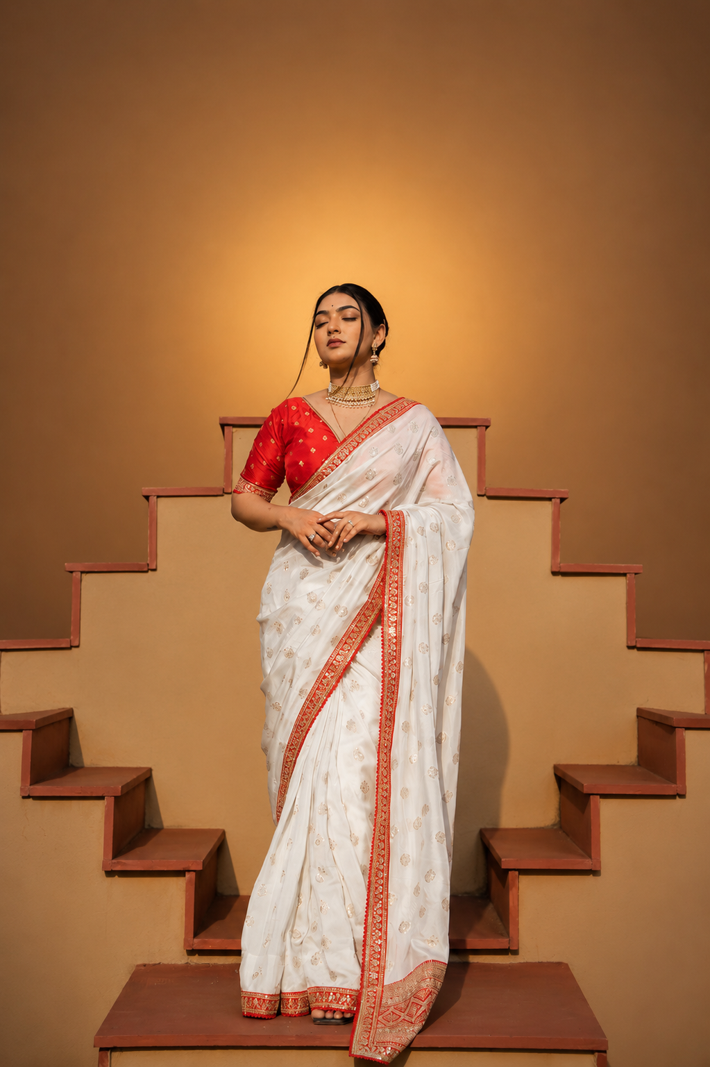 Cream Silk Saree with Golden Buti Work and Rich Red Zari Border
