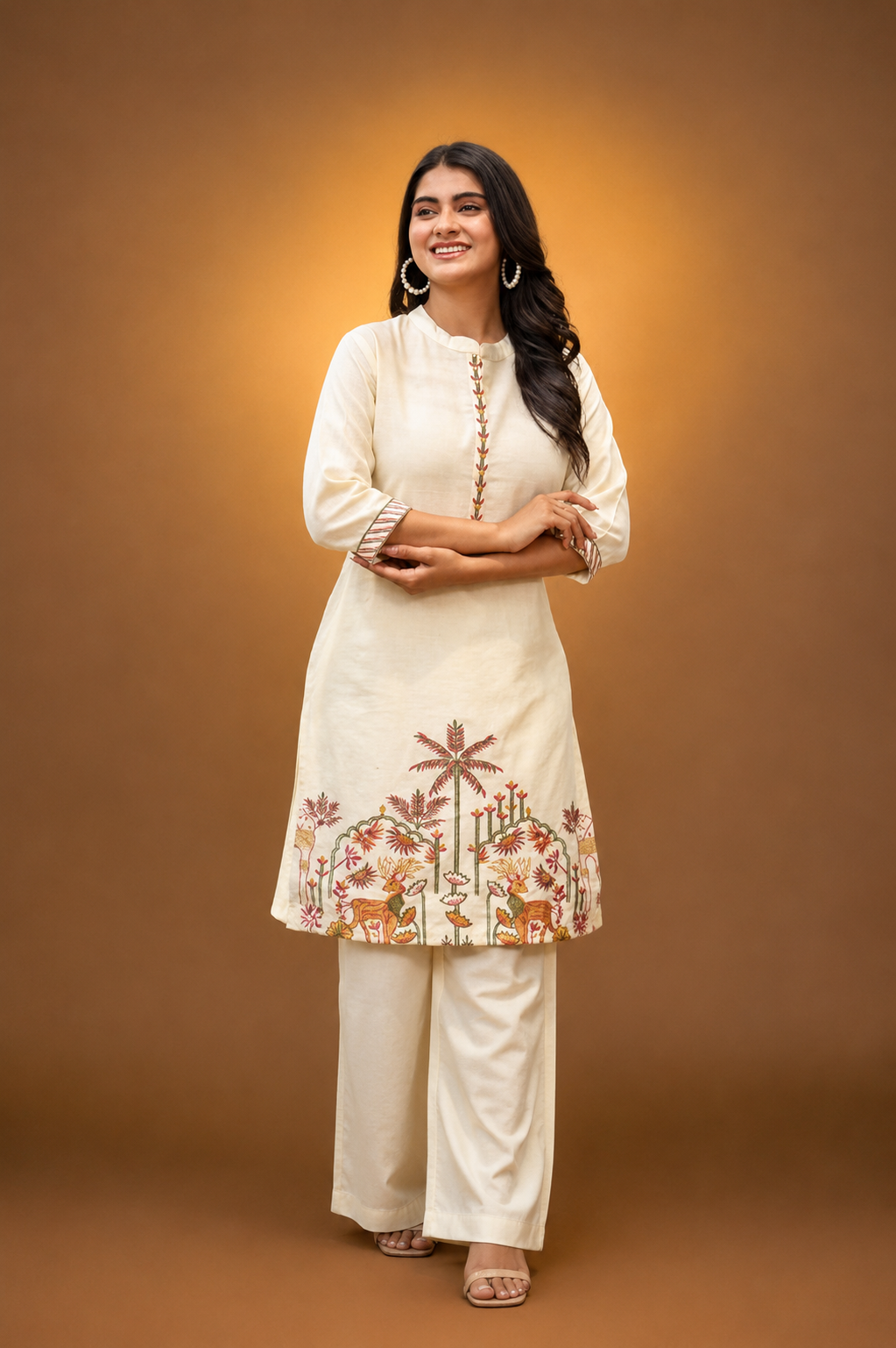Beige Cotton Cord Set with Colorful Traditional Motif Embroidery