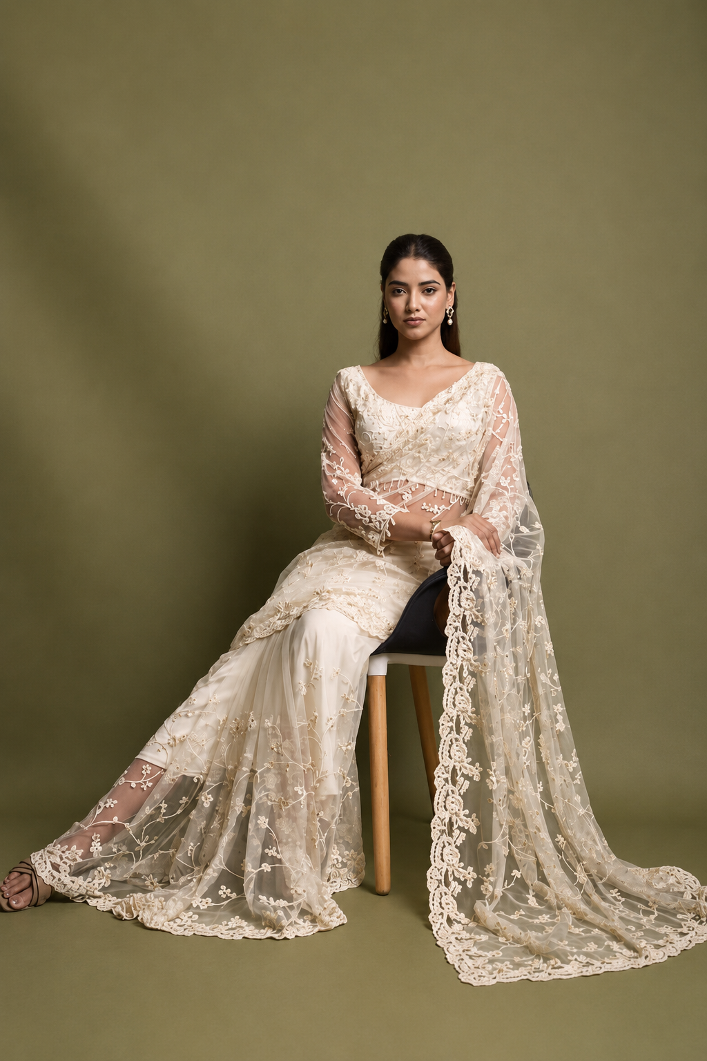 Ivory White Net Saree With Sequin Hand Embroidery with Stitched Blouse