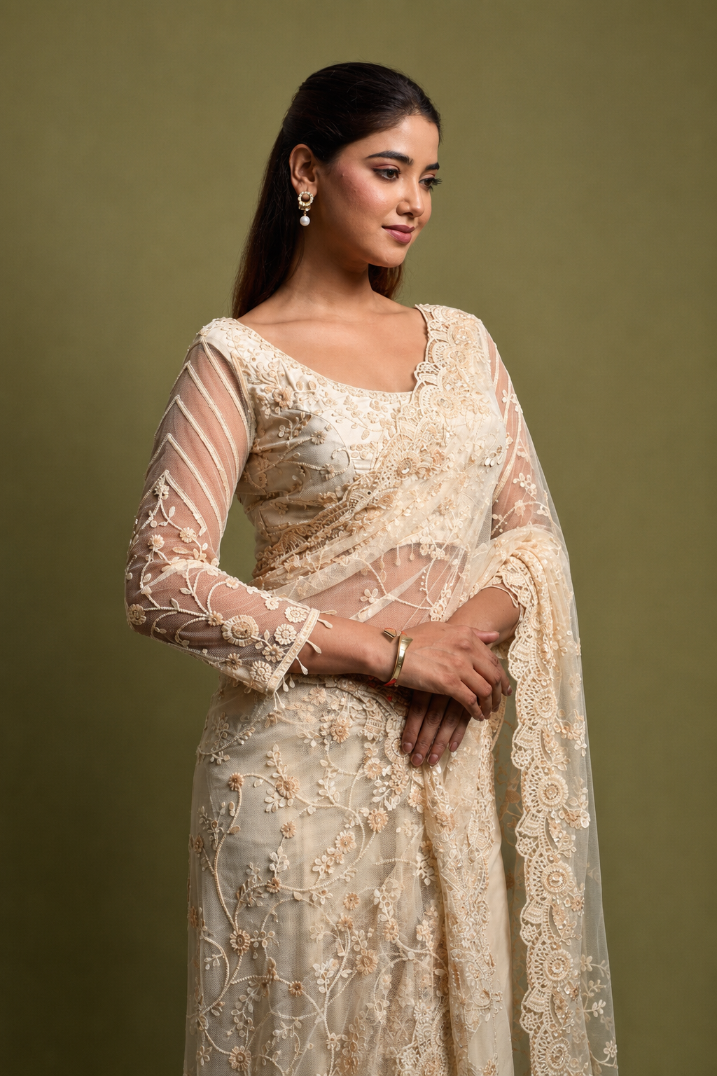 Ivory White Net Saree With Sequin Hand Embroidery with Stitched Blouse