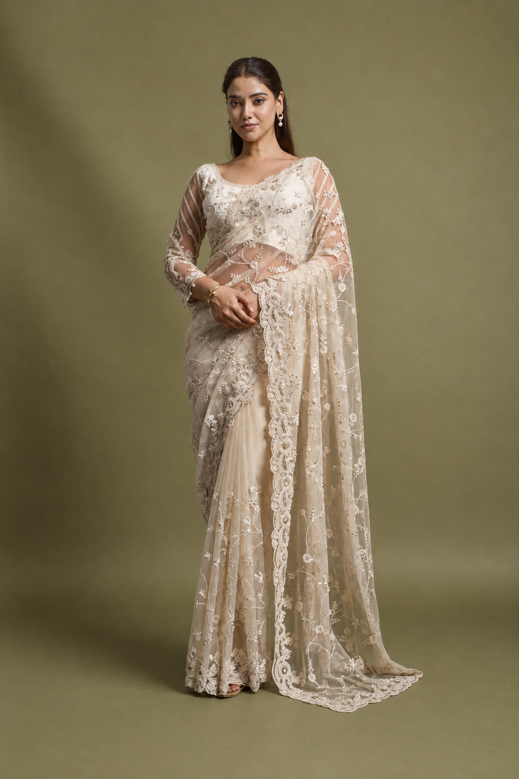 Ivory White Net Saree With Sequin Hand Embroidery with Stitched Blouse