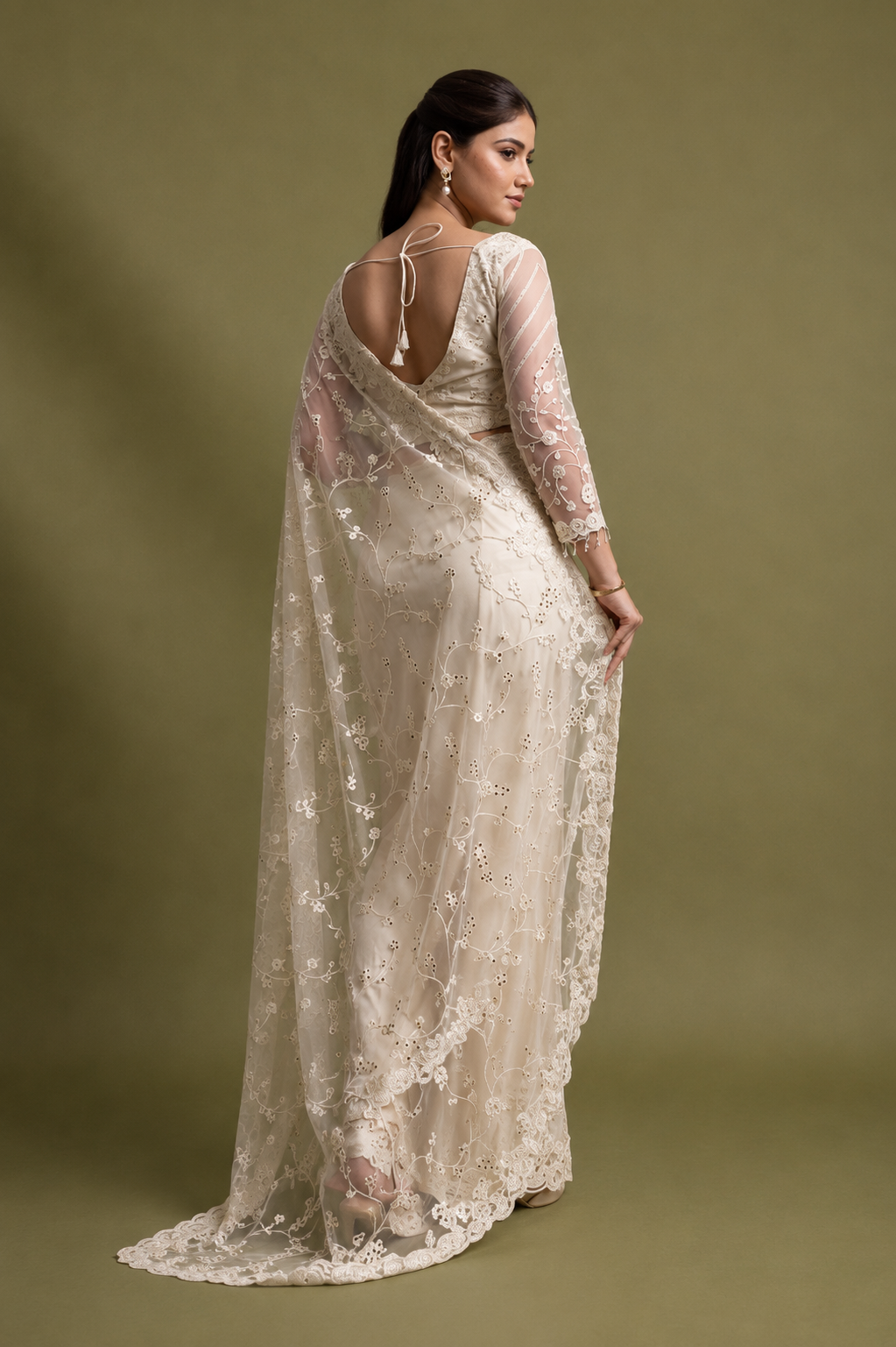 Ivory White Net Saree With Sequin Hand Embroidery with Stitched Blouse