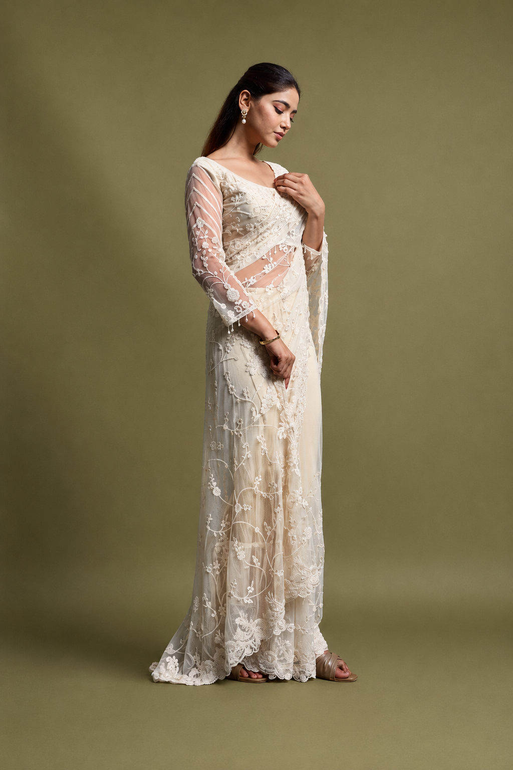 Ivory White Net Saree With Sequin Hand Embroidery with Stitched Blouse