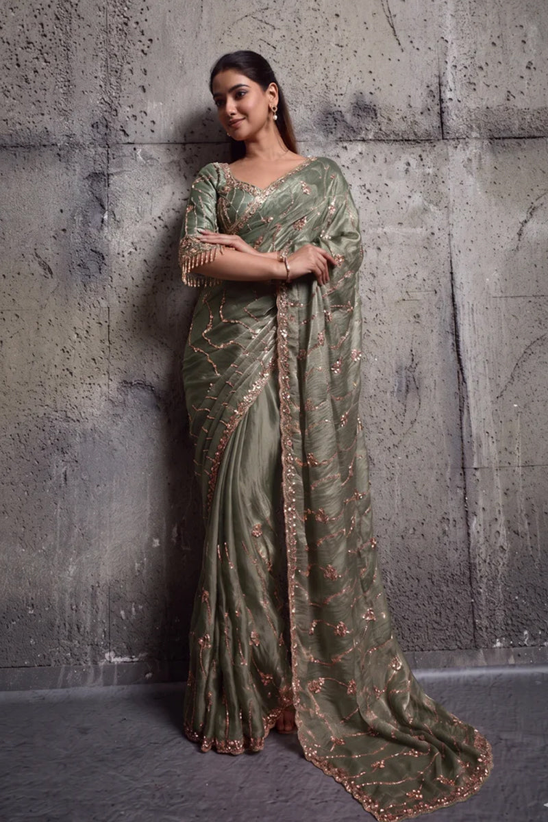 Olive Green Organza Saree with Hand Embroidery with Stitched Blouse