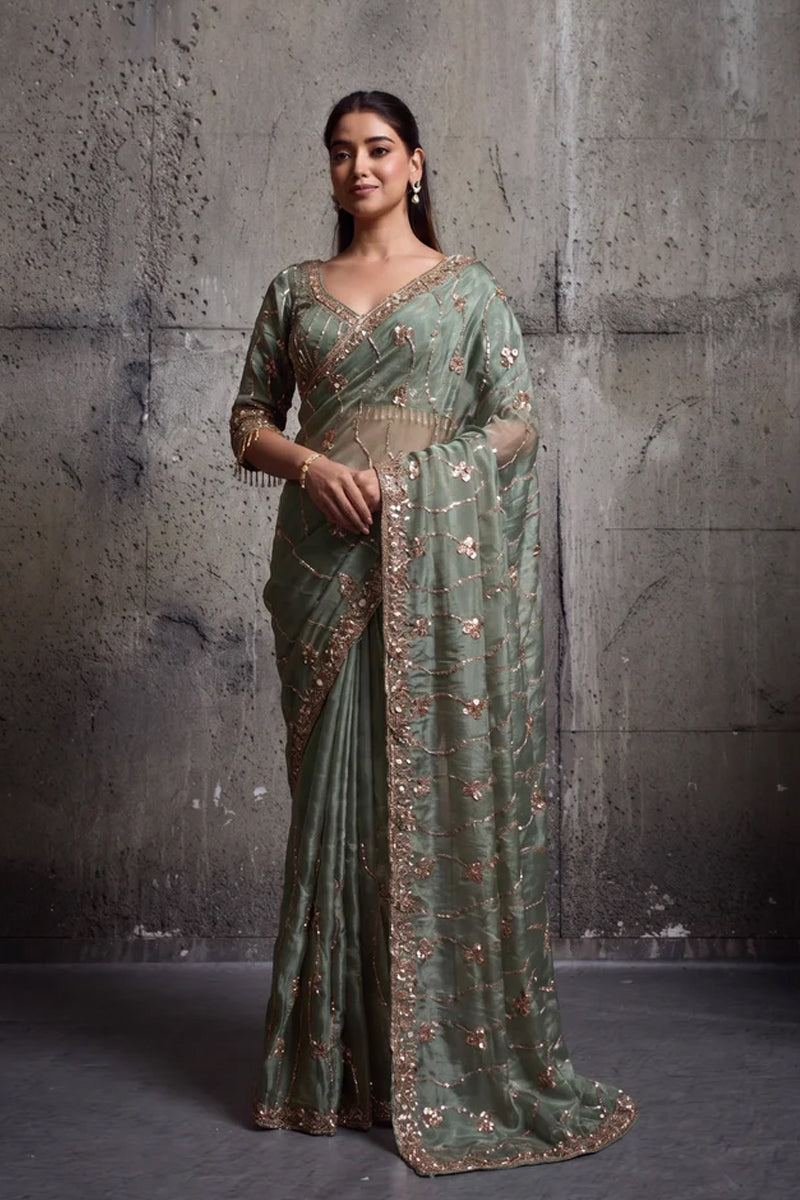Olive Green Organza Saree with Hand Embroidery with Stitched Blouse