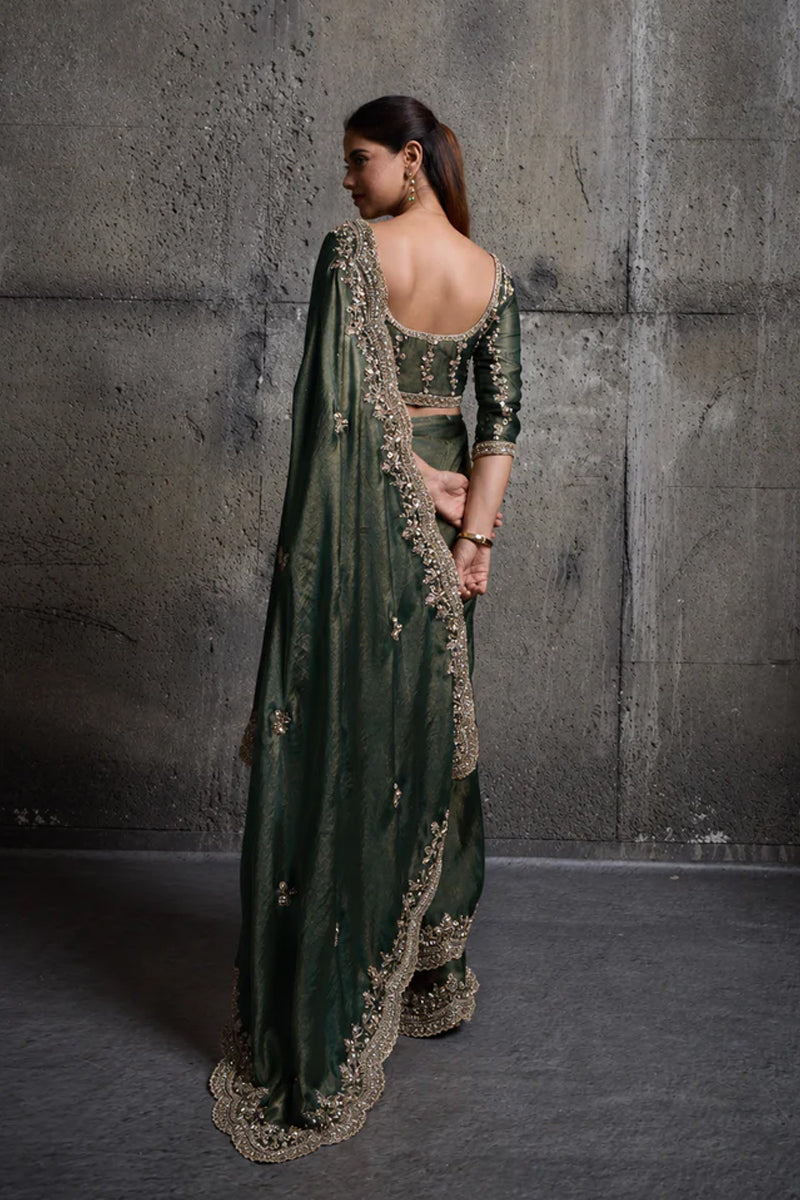 Olive Green Organza Silk Saree with Hand Embroidery with Stitched Blouse