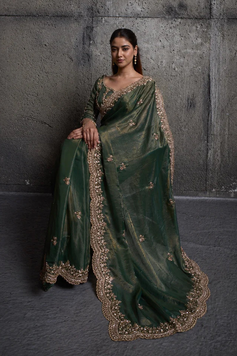 Olive Green Organza Silk Saree with Hand Embroidery with Stitched Blouse