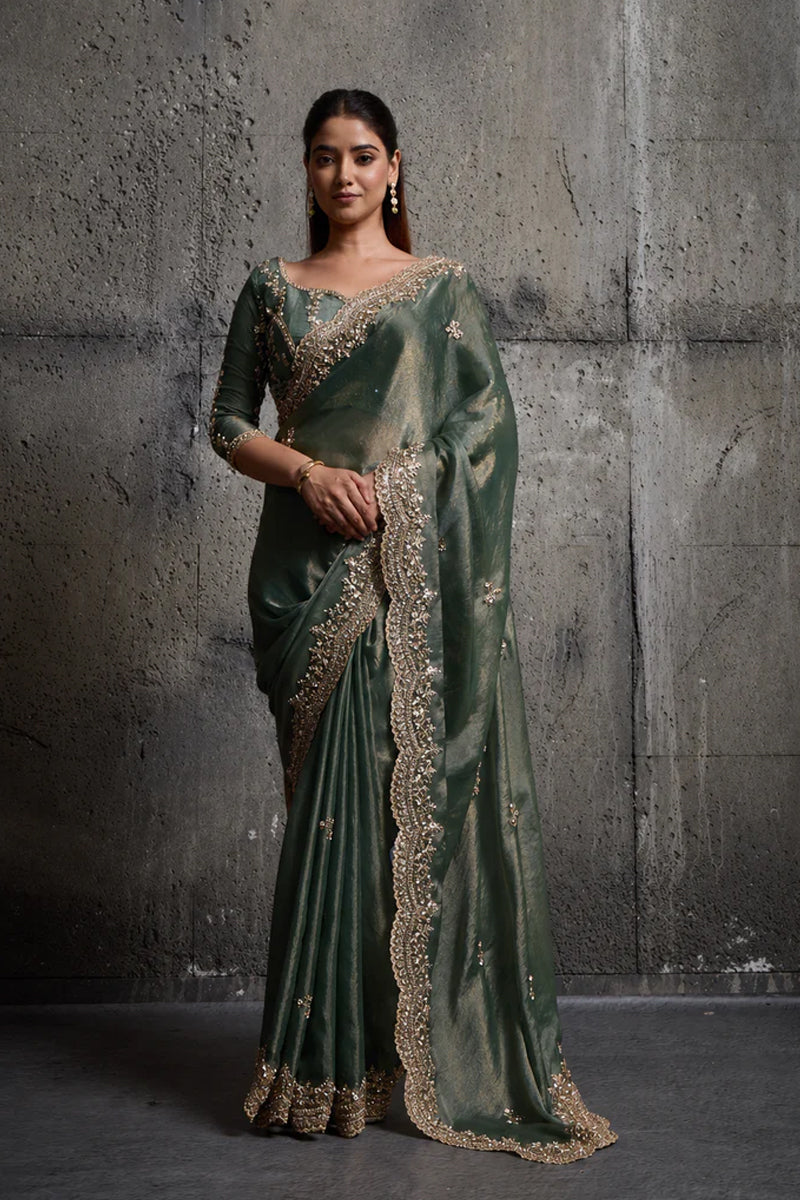 Olive Green Organza Silk Saree with Hand Embroidery with Stitched Blouse