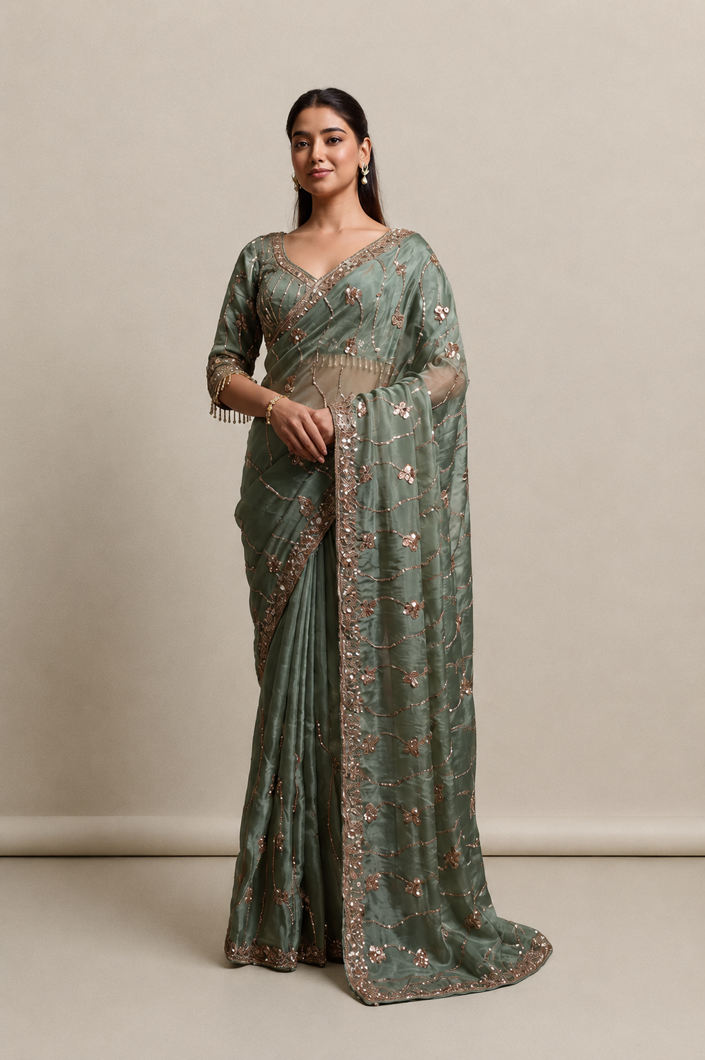 Olive Green Organza Saree with Hand Embroidery with Stitched Blouse