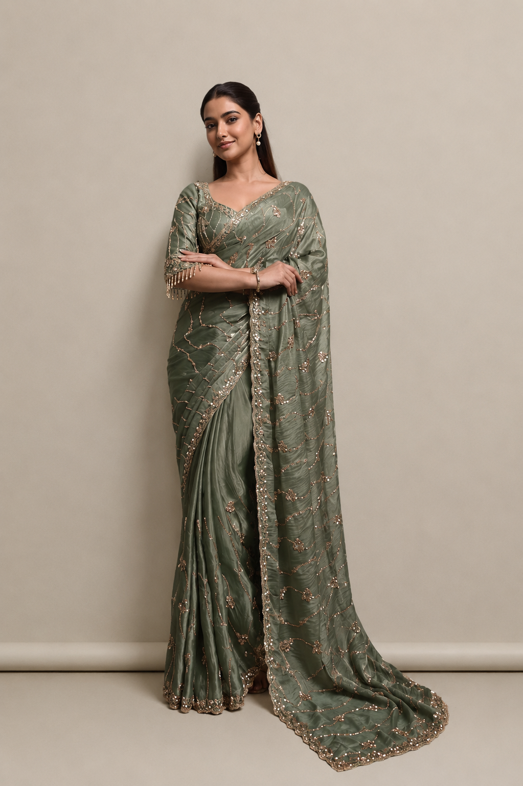 Olive Green Organza Saree with Hand Embroidery with Stitched Blouse
