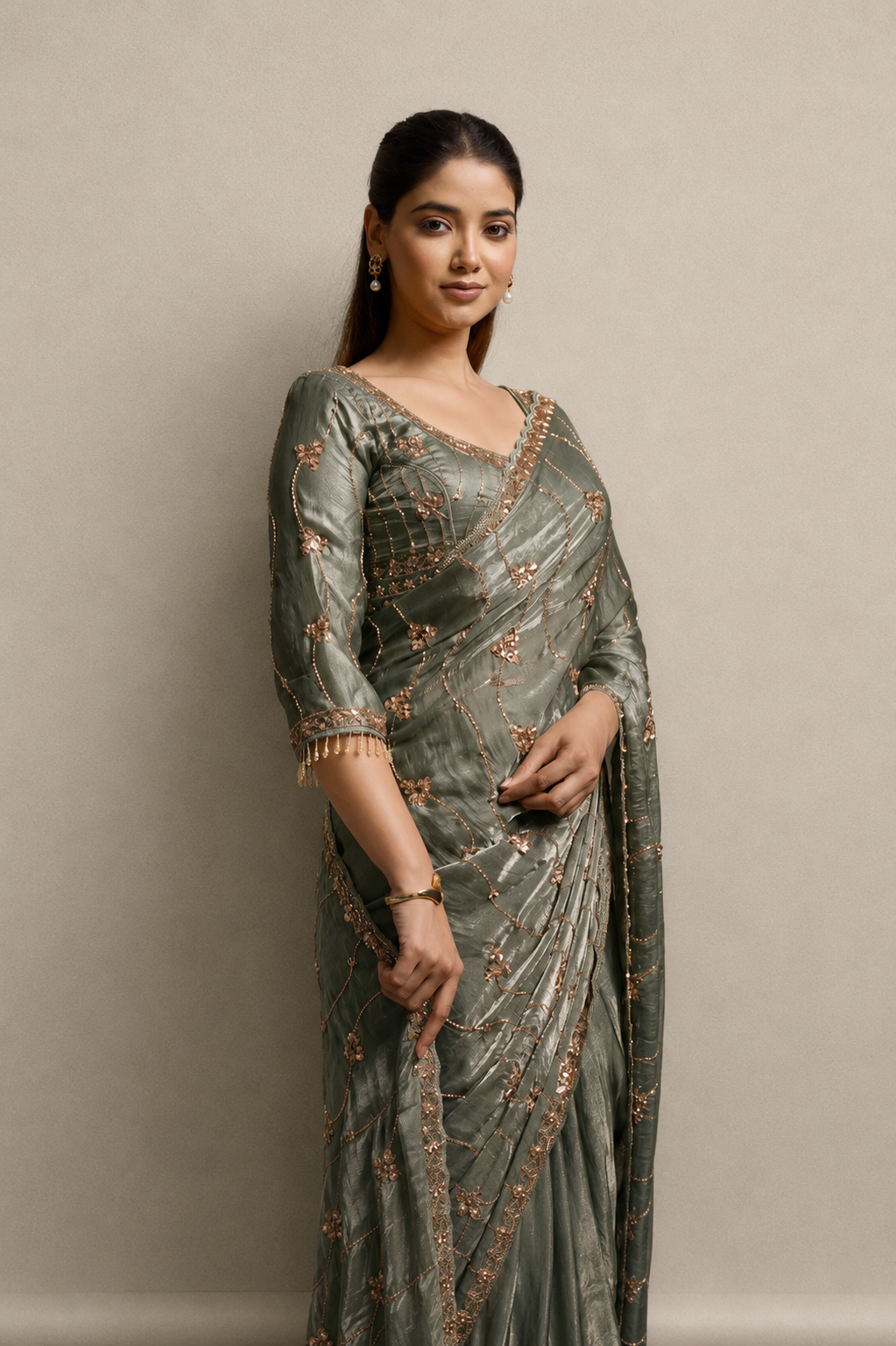 Olive Green Organza Saree with Hand Embroidery with Stitched Blouse