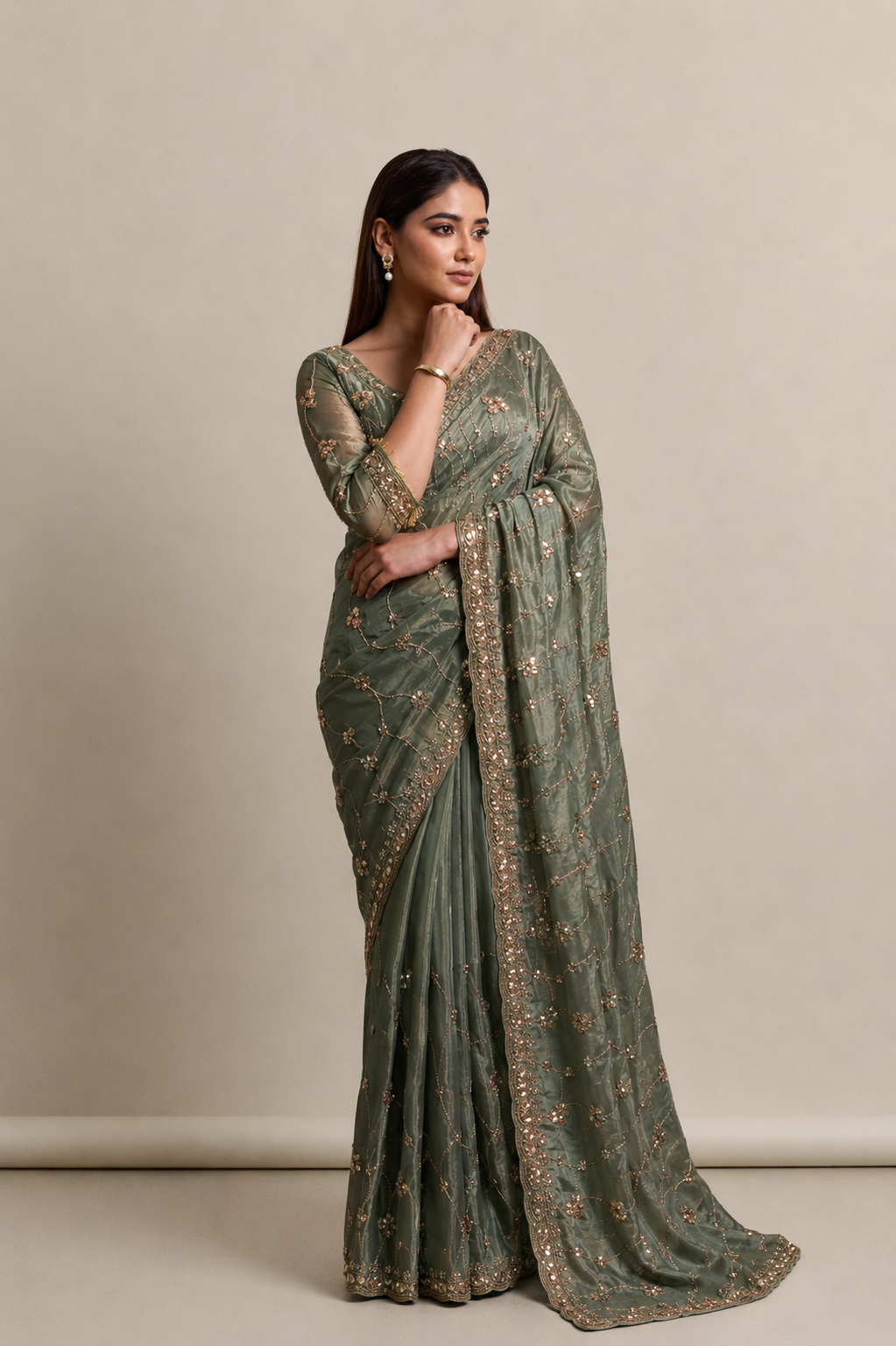 Olive Green Organza Saree with Hand Embroidery with Stitched Blouse