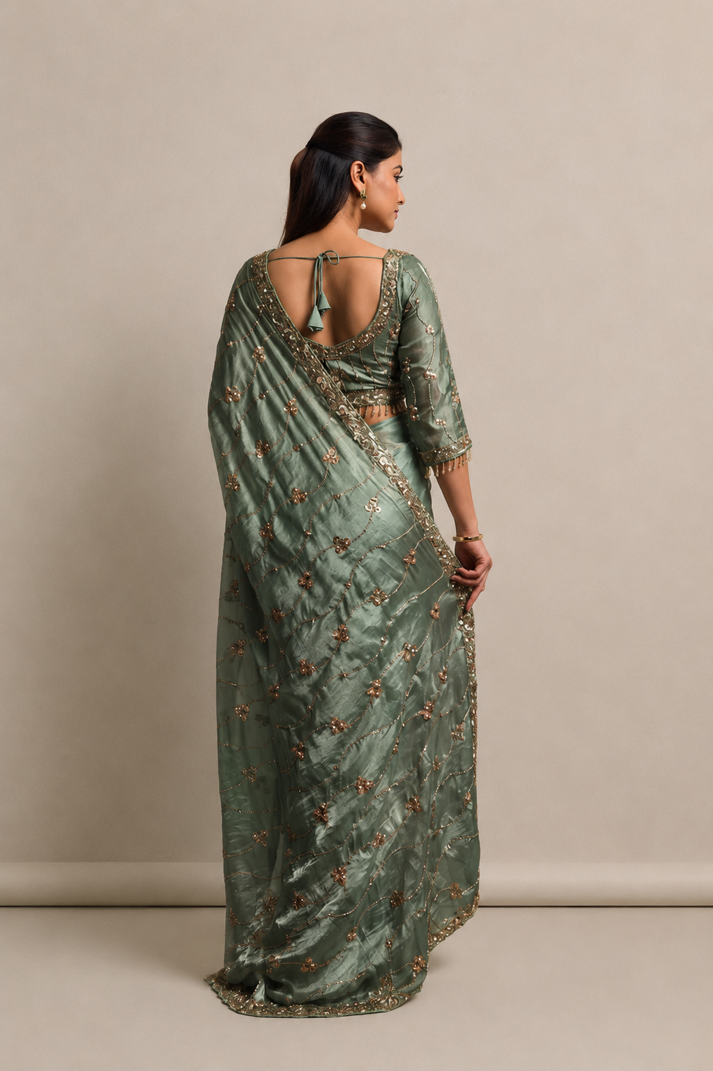 Olive Green Organza Saree with Hand Embroidery with Stitched Blouse