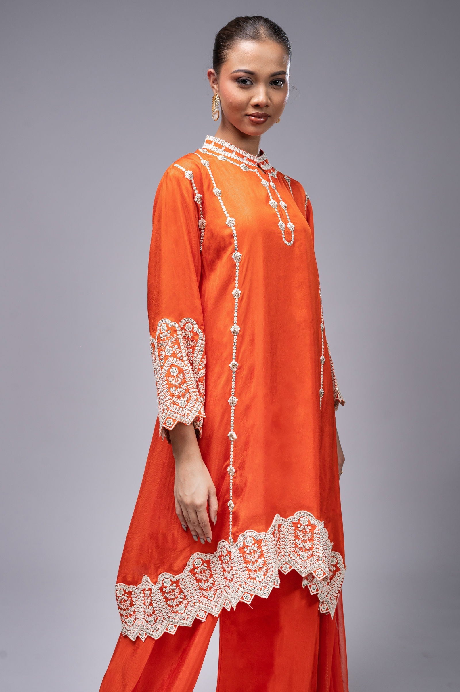 Orange Palazzo Crepe Kurta Set with Silver Embroidery - Mayrake.in