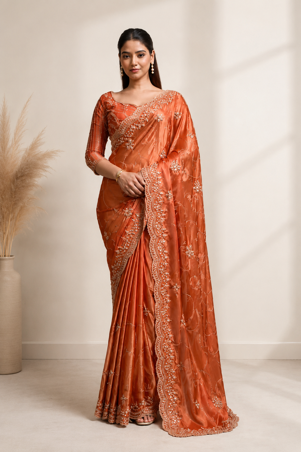 Rusty Orange Organza Silk Saree with Hand Embroidery with Stitched Blouse