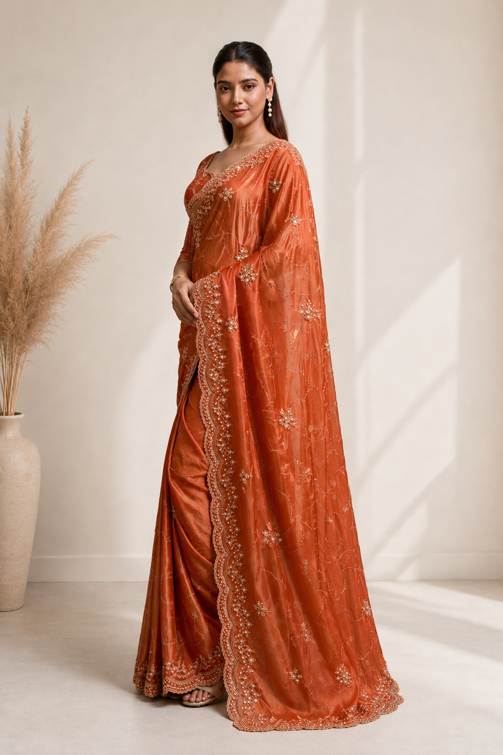 Rusty Orange Organza Silk Saree with Hand Embroidery with Stitched Blouse
