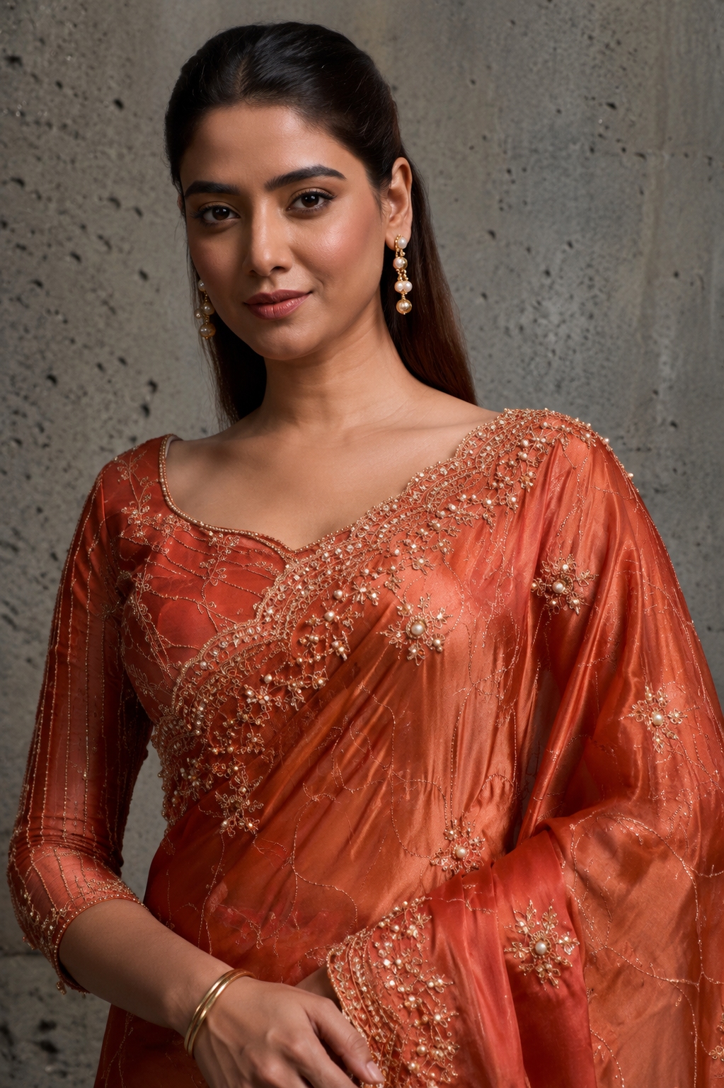 Rusty Orange Organza Silk Saree with Hand Embroidery with Stitched Blouse