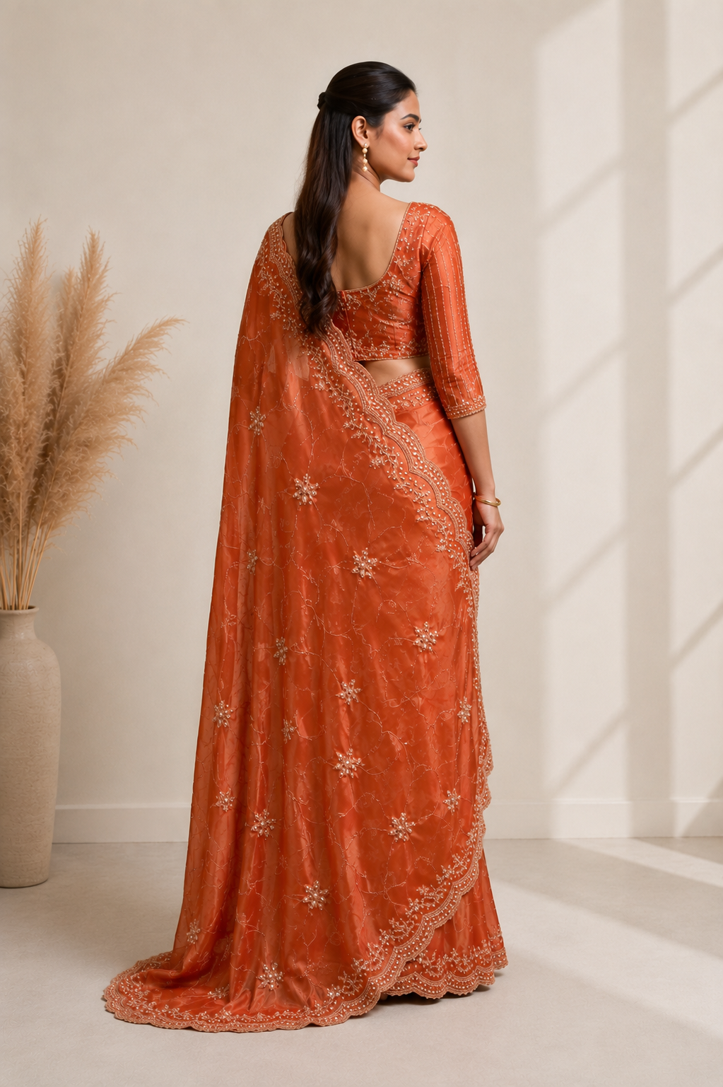 Rusty Orange Organza Silk Saree with Hand Embroidery with Stitched Blouse